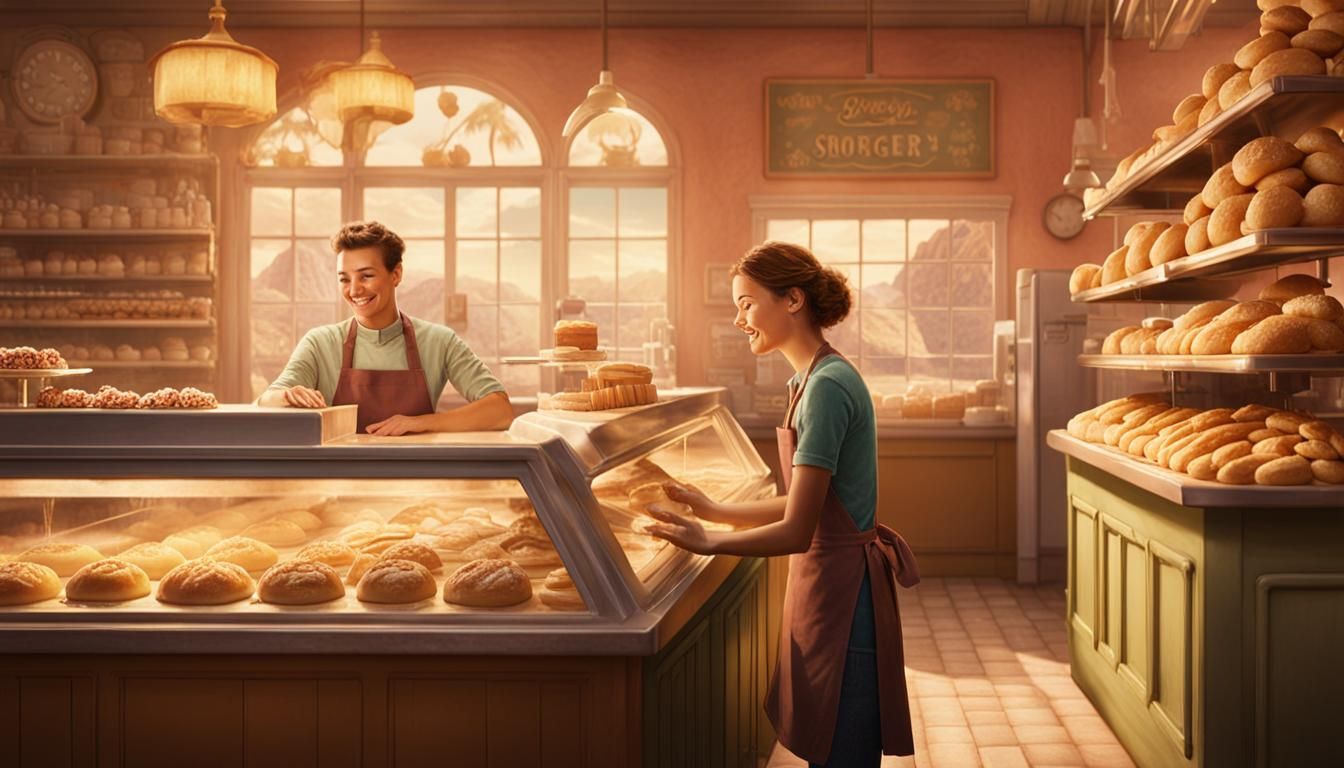 Warm Bakery Scene with Whimsical Decor and Golden Lighting