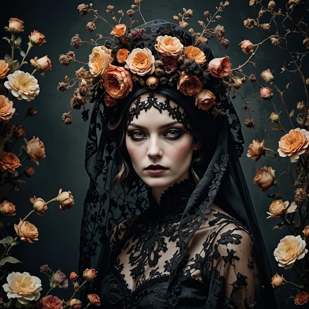 Elegant Gothic Woman in Dark Florals