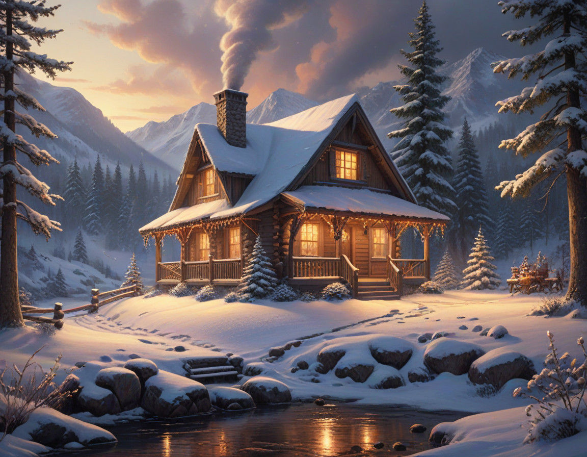 Cozy Winter Cabin Scene in Warm Golden Light