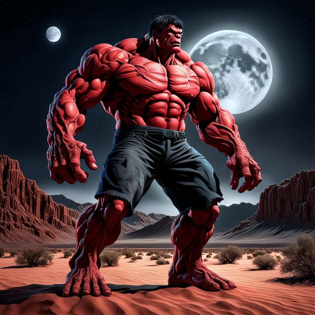 Red Hulk Silhouetted Under Full Moonlit Desert Sky