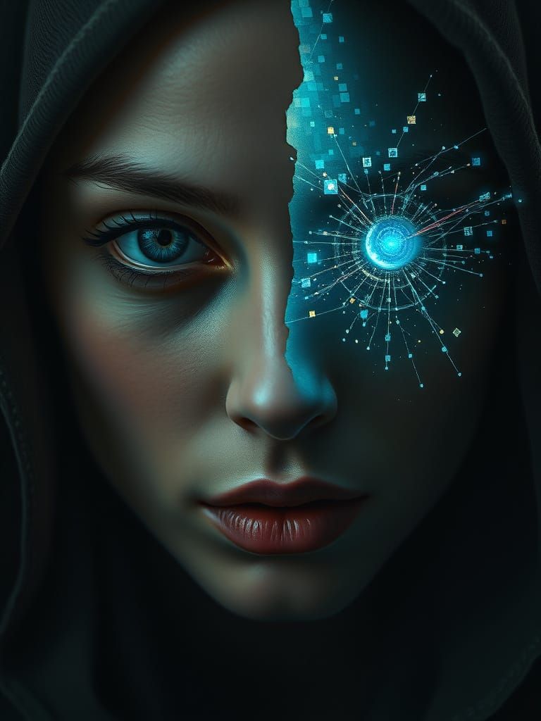 The Pixel Prophet Futuristic Oracle Portrait in Chiaroscuro ...