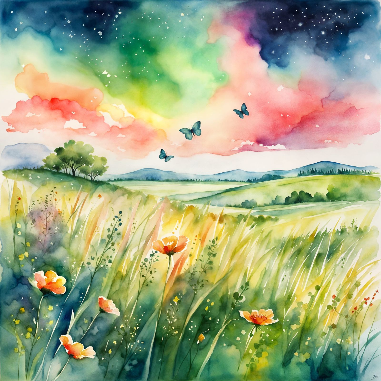 Ethereal Aurora Blossoms Above Serene Meadow