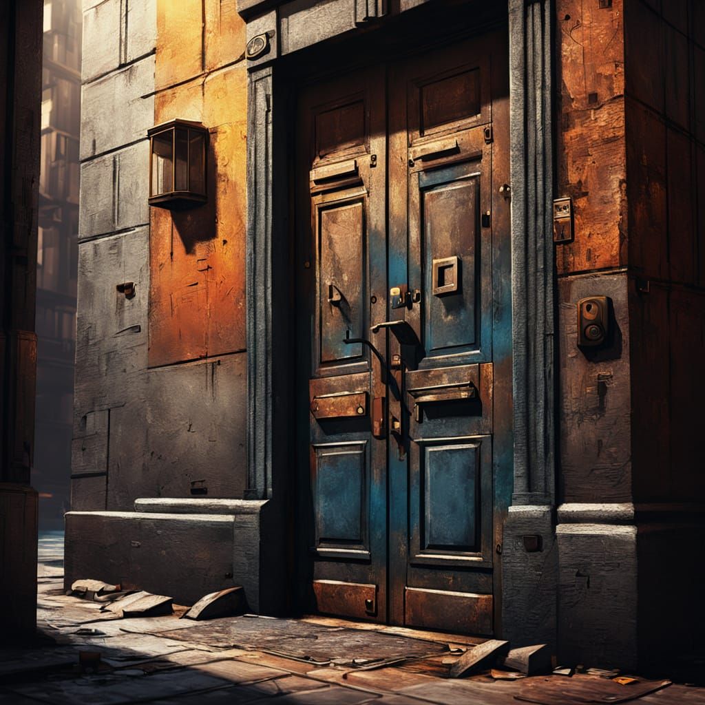 Tiny Door at Skyscraper Base in Urban Concept Art