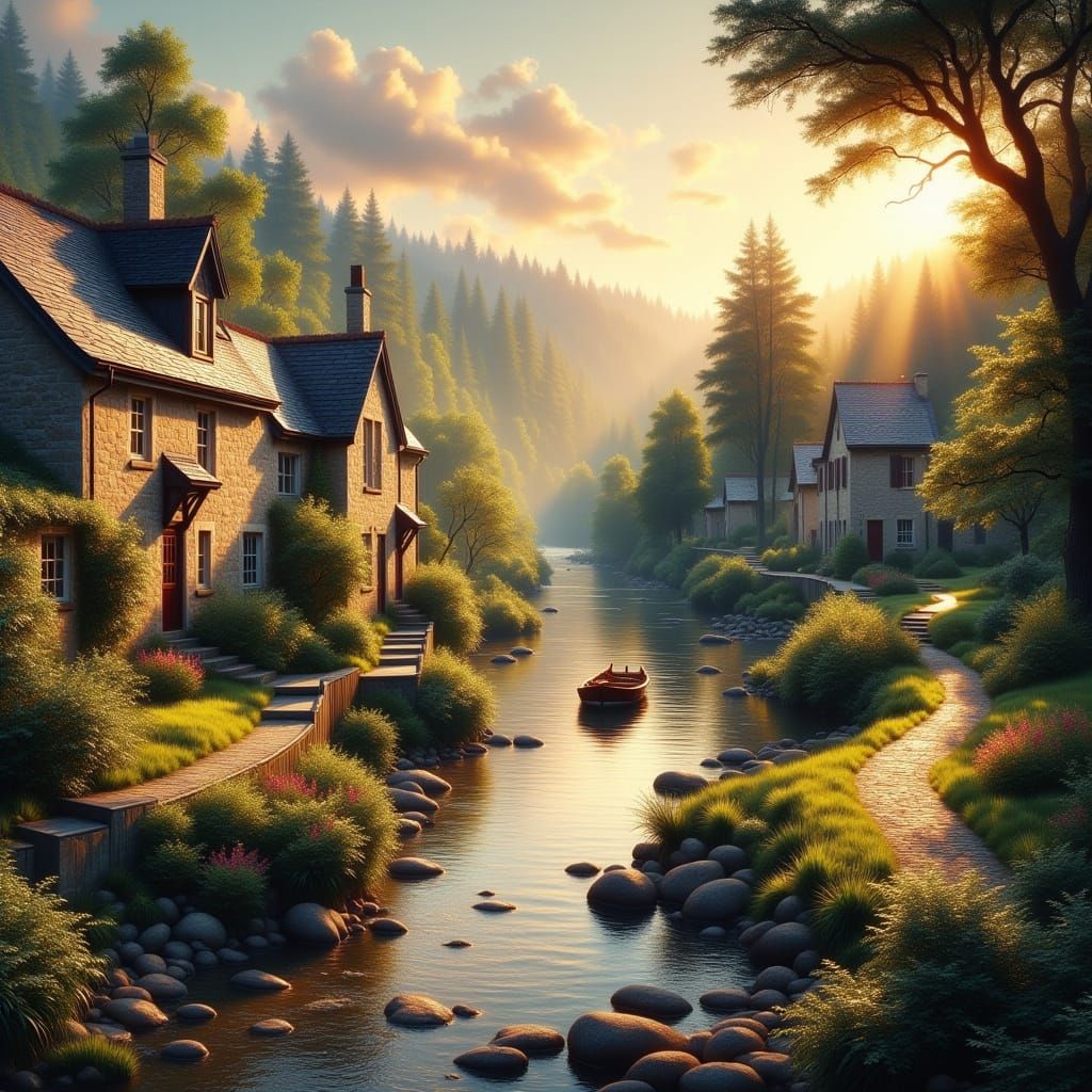 Golden Hour Village: A Digital Art Landscape