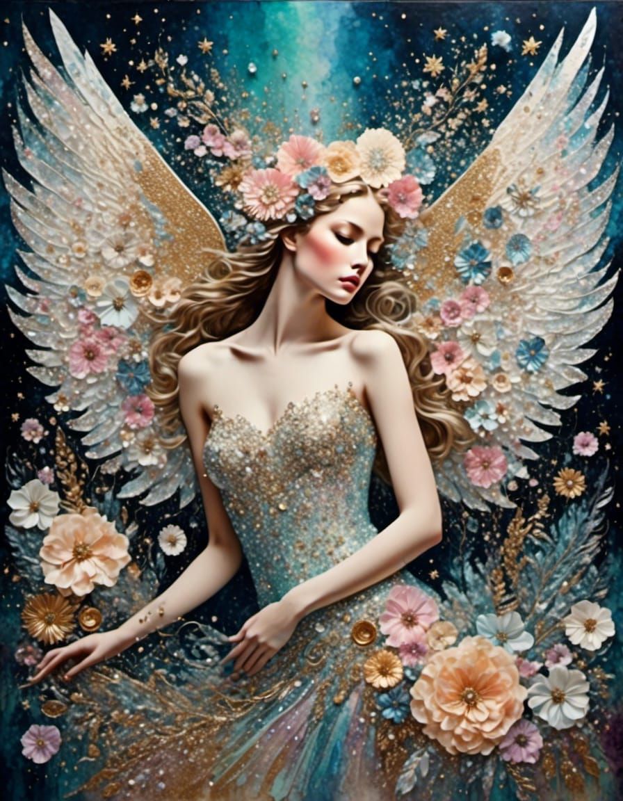 Majestic Fallen Angel in Whimsical Mixed Media Collage