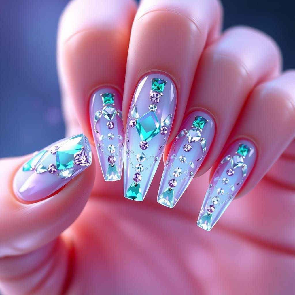 Crystal Nail Art With Shiny Stones in Blue, Purple, Emerald