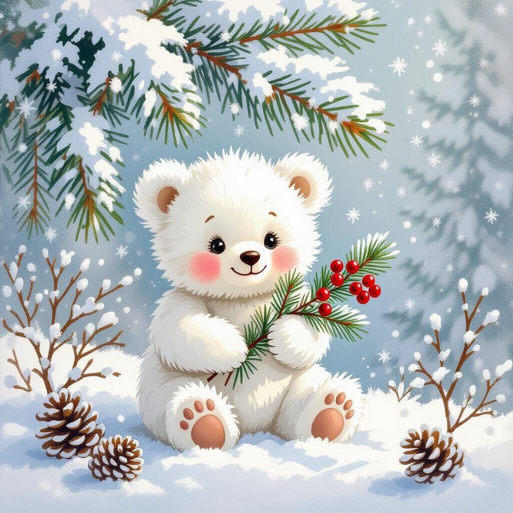 Fluffy Baby Bear in Snowy Forest Watercolor