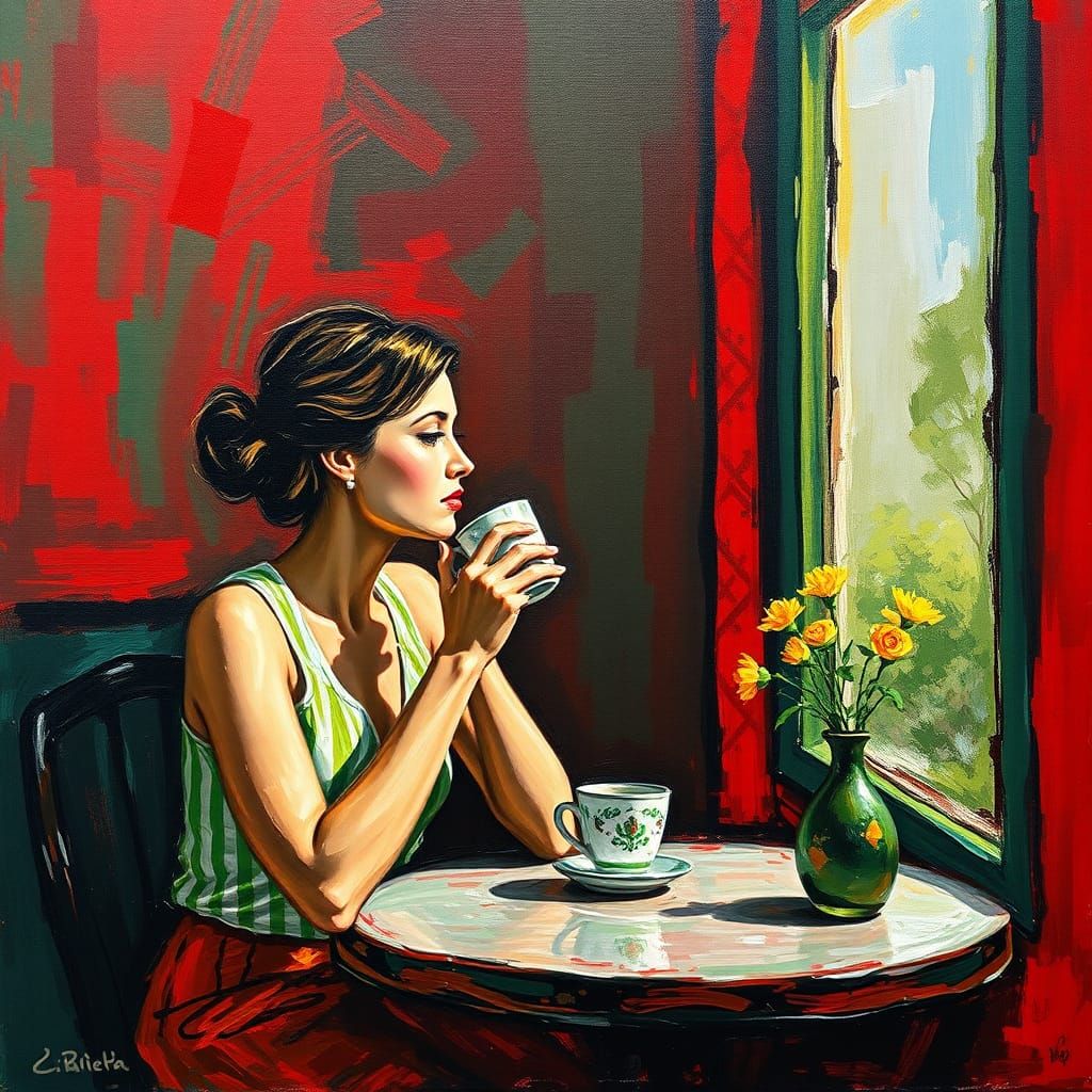 Woman Sips Coffee in a Moody, Textured Neo-Impressionist Sce...