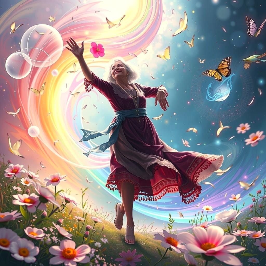 Ethereal Youthful Elegance in Vibrant Fantasy Landscape