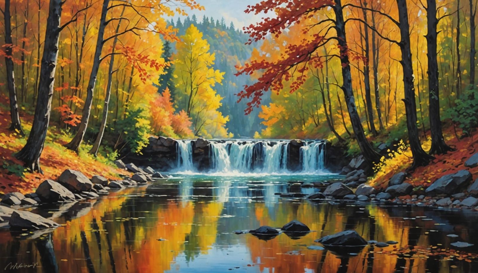 Impressionist Autumn River with Fiery Leaf Reflections