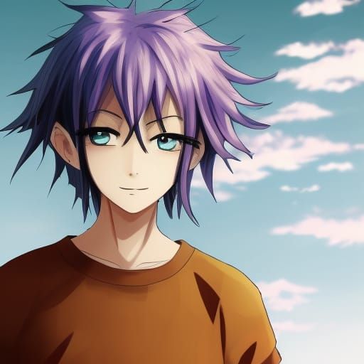 Anime Boy with Purple Hair in Watercolor Style