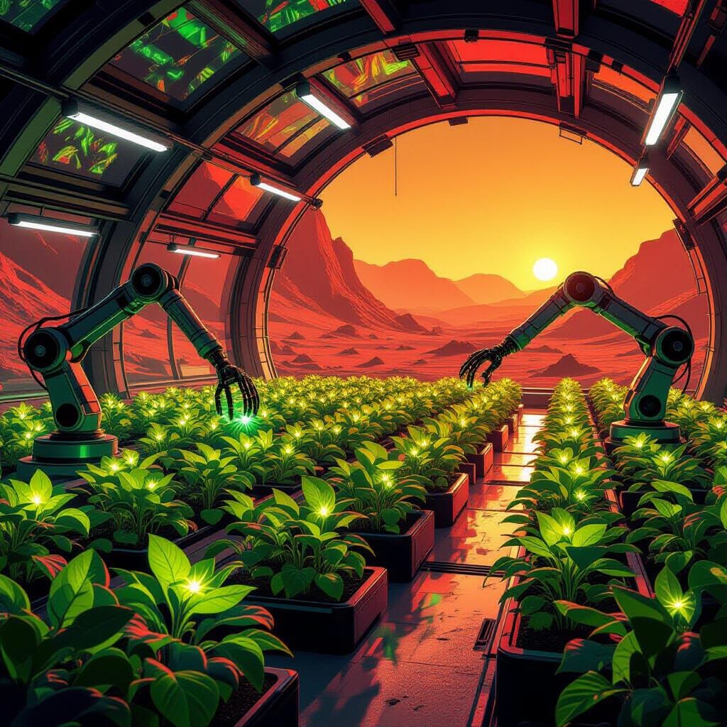 Bioluminescent Martian Crops in High-Tech Greenhouse