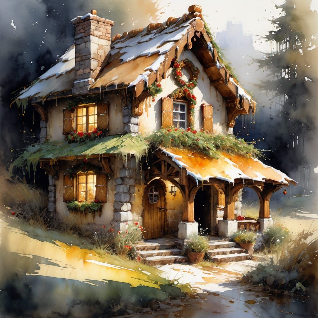 Warm Watercolor Fairytale Christmas Scene with Gingerbread H...