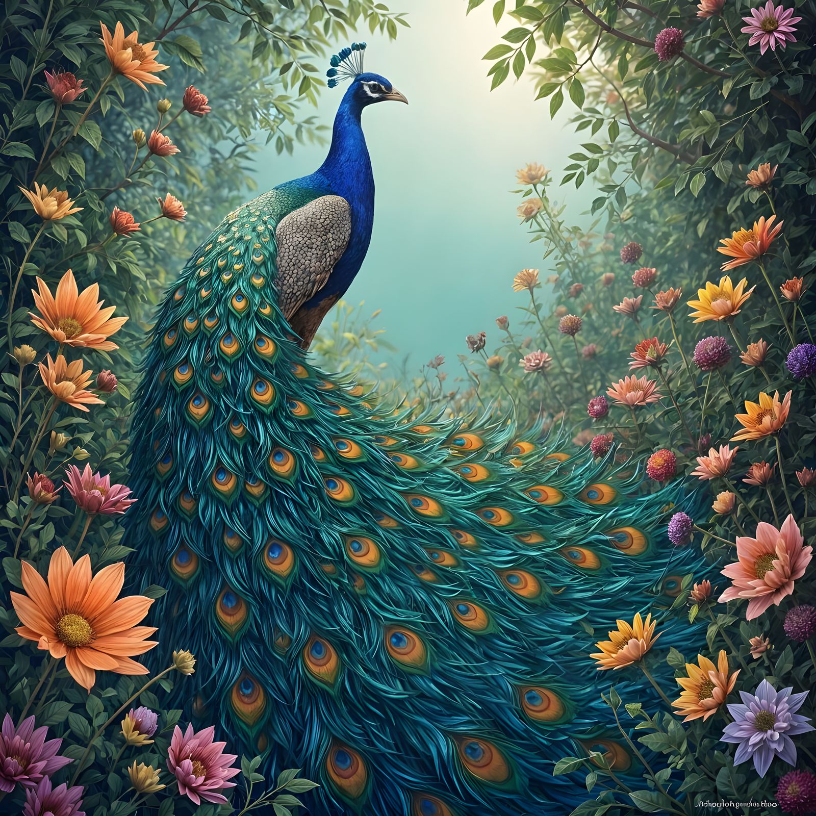 Stained Glass Peacock in Ethereal Garden