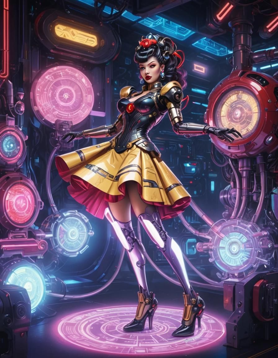 Robotic Pin-Up Goddess in Cyberpunk Dreamworld