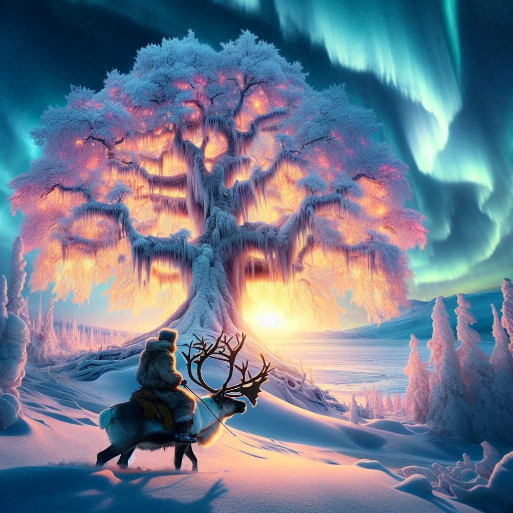 Winter Wanderer in Majestic Landscape with Surreal Tree