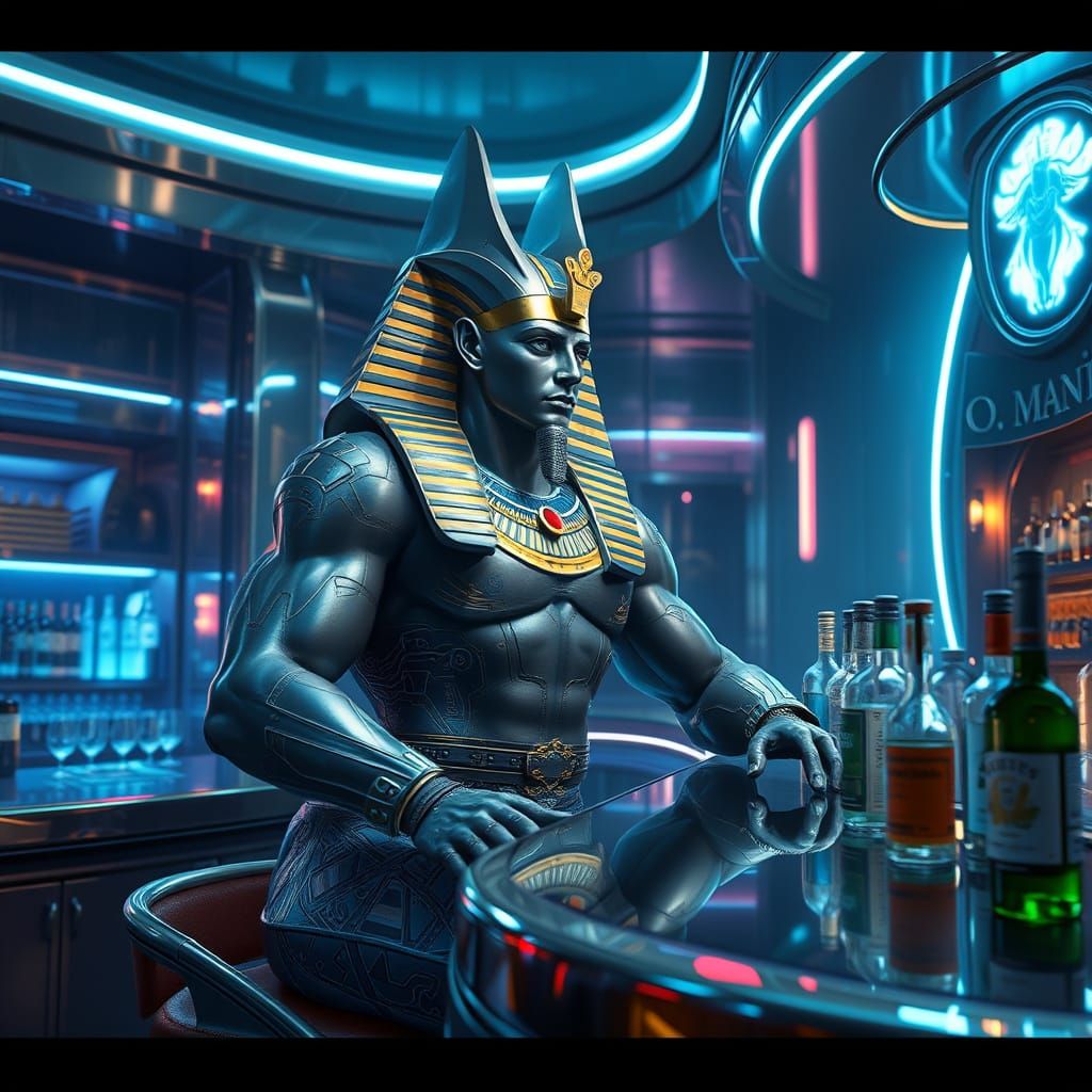 Cyberpunk Egyptian God at Futuristic Bar