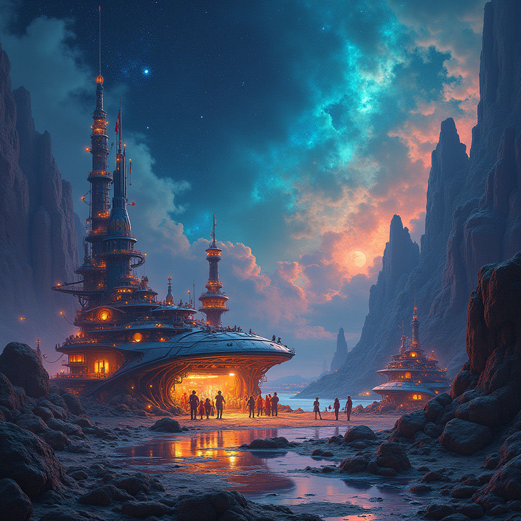 Luminous Nebula Refuelling Hub Immersed in Celestial Wonders