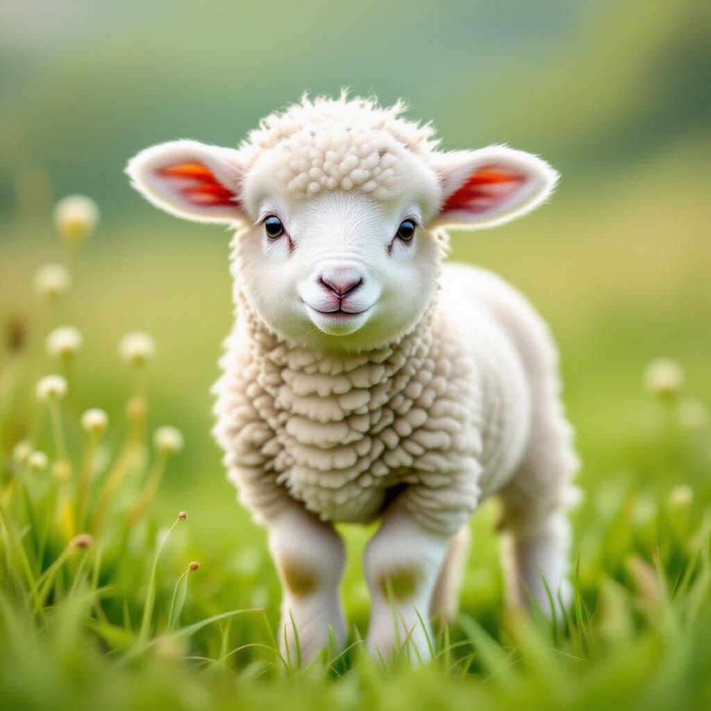 Nervous Lamb in Meadow, Whimsical Pastel Art