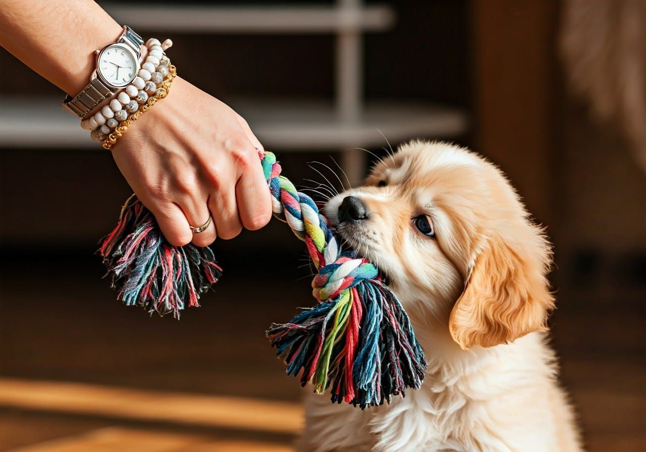 Playful Woman and Furry Friend in Joyful Tug-of-War