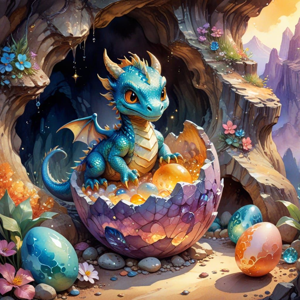 Chibi Dragon Emerging From Egg in Treasure Cave Watercolor