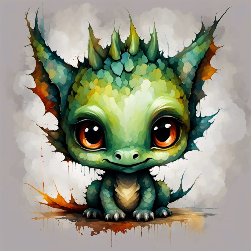 Cute Baby Dragon with Big Doe Eyes in Dark Digital Art
