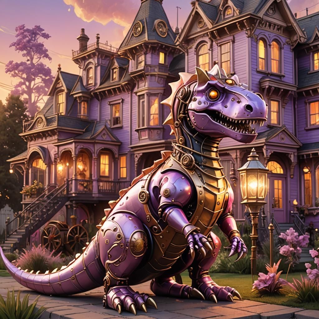 Steampunk Dinosaur Abode in Warm, Golden Light