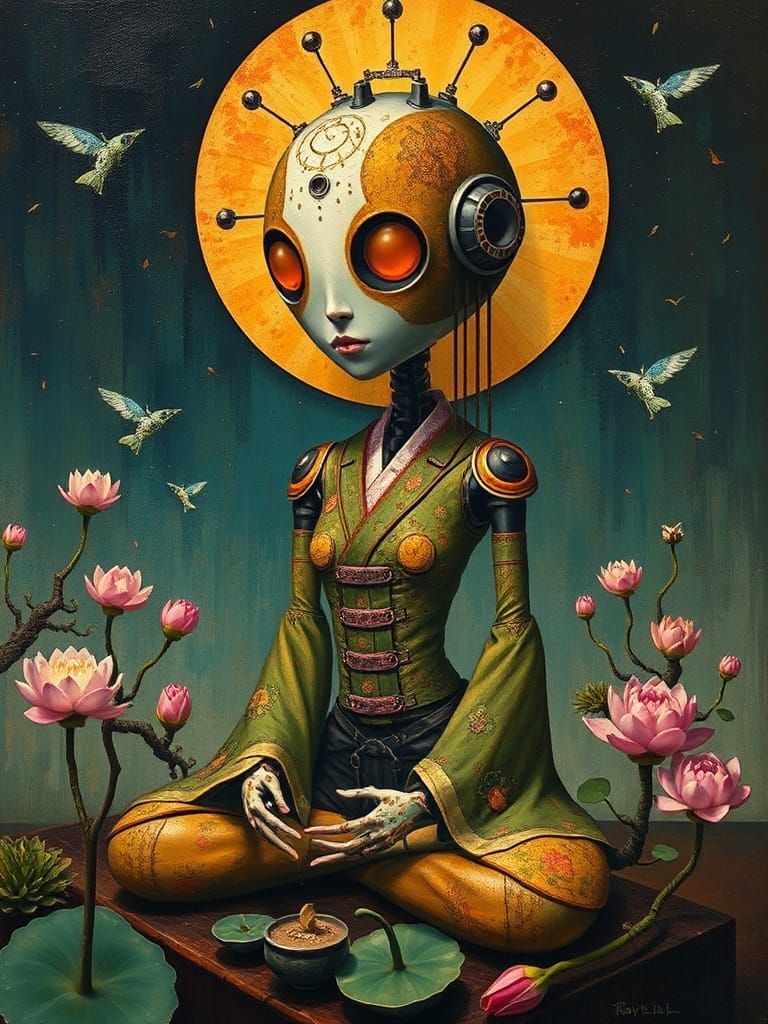 Vibrant Steampunk Geisha Robot in Whimsical Meditation