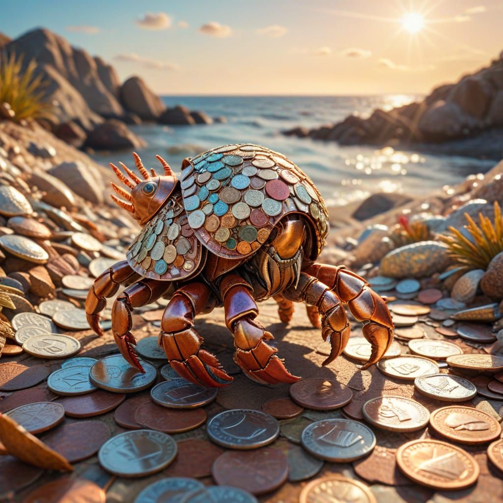 Hermit Crab Made of Money in Whimsical Landscape