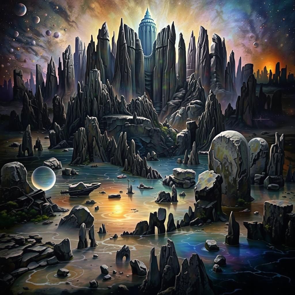 Dark Surreal Landscapes with Imposing Tower and Ominous Spir...