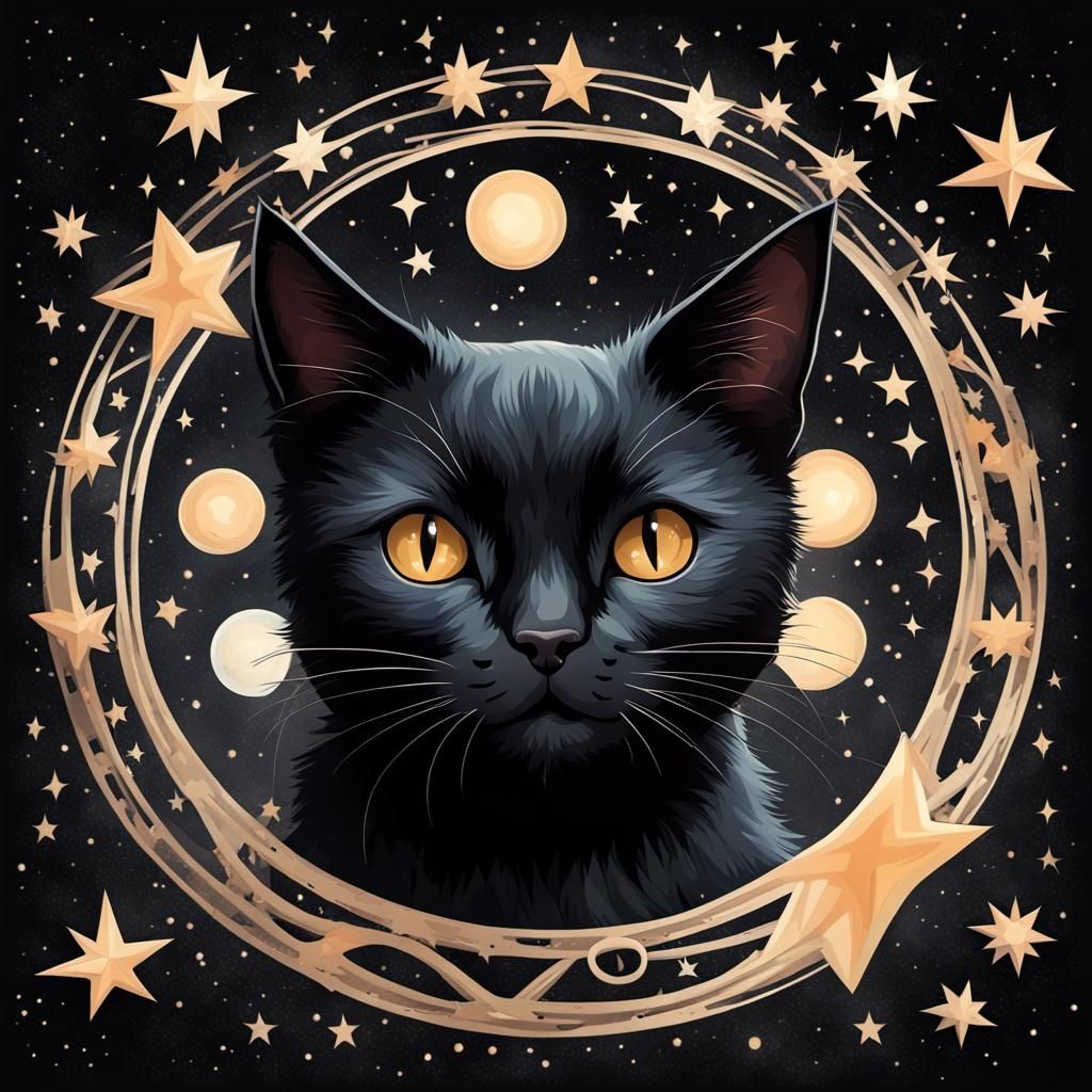 Surreal Black Cat Encircled in Celestial Whimsy