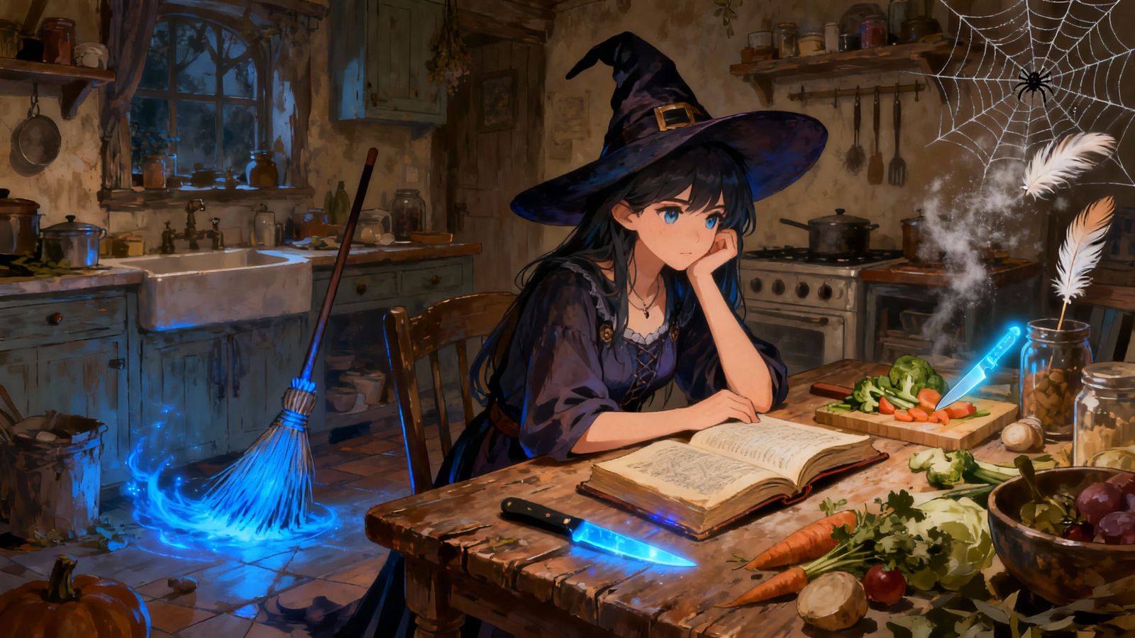 Anime Witch Studies Magic While Chores Complete Themselves