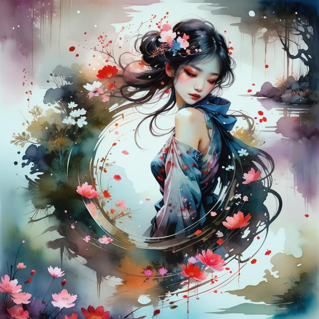 Dreamy Nighttime Lake Landscape in Vibrant Watercolor Style