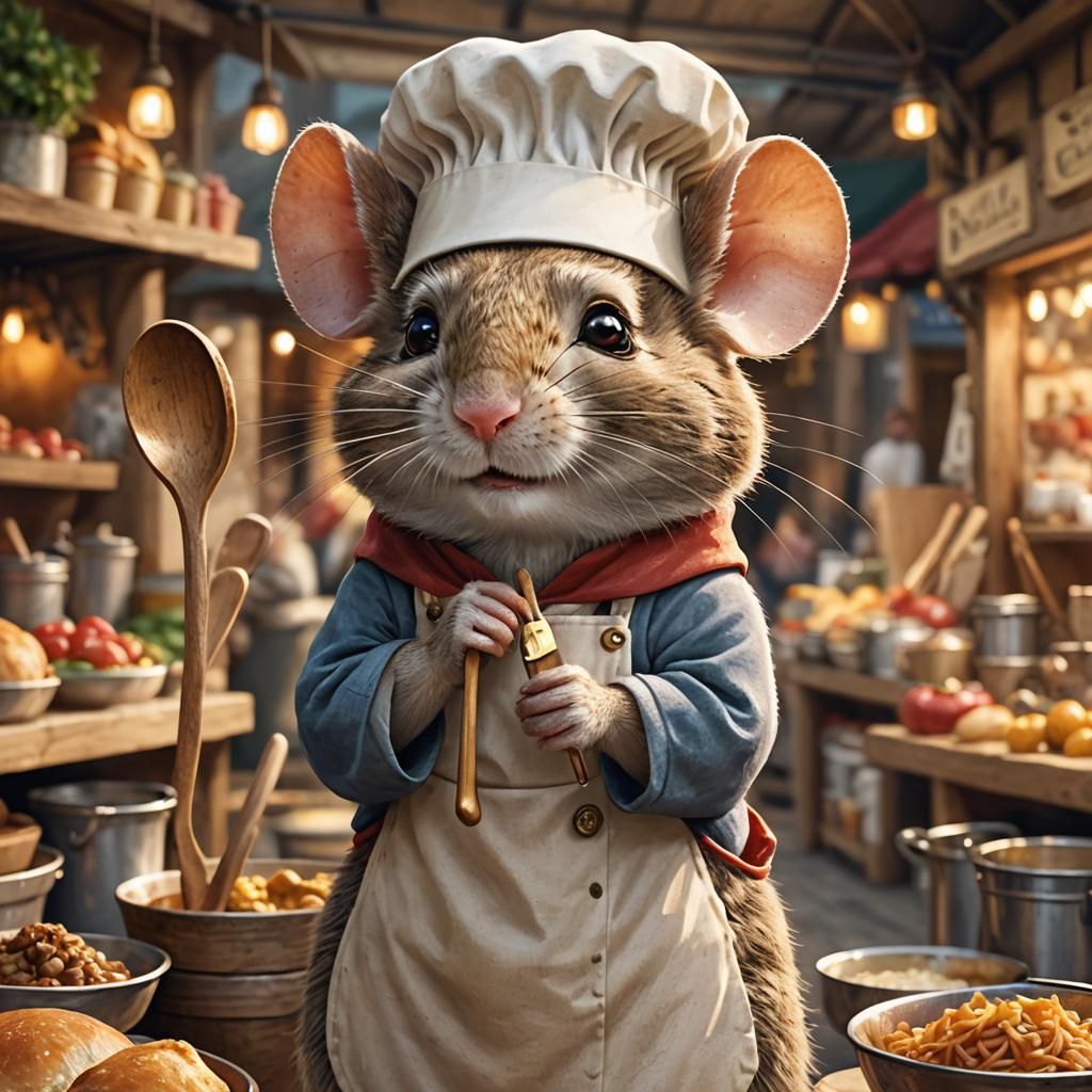 Whimsical Chef Mouse in a Bustling Marketplace