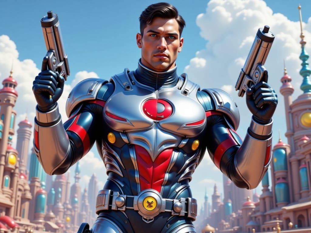 Captain Cosmic in Vintage-Futuristic Cityscape