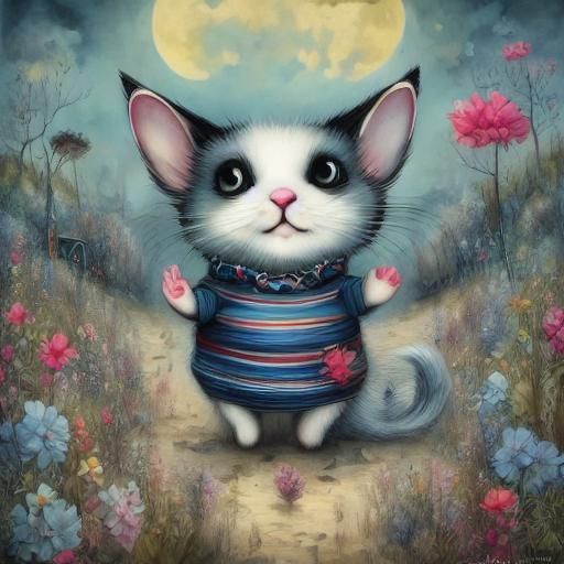 Majestic White Cat Under Full Moonlit Sky in Whimsical Style