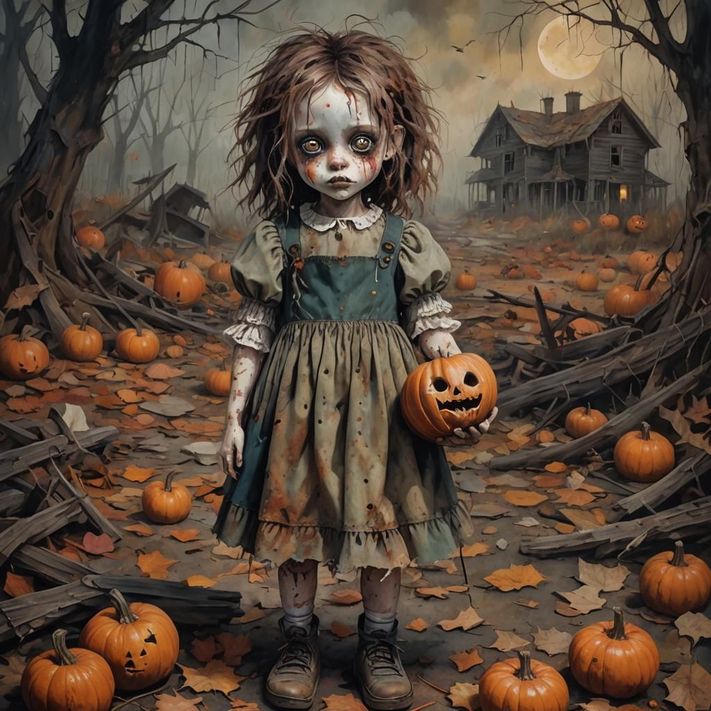 An eerie and surreal image of a little girl in a tattered dr...