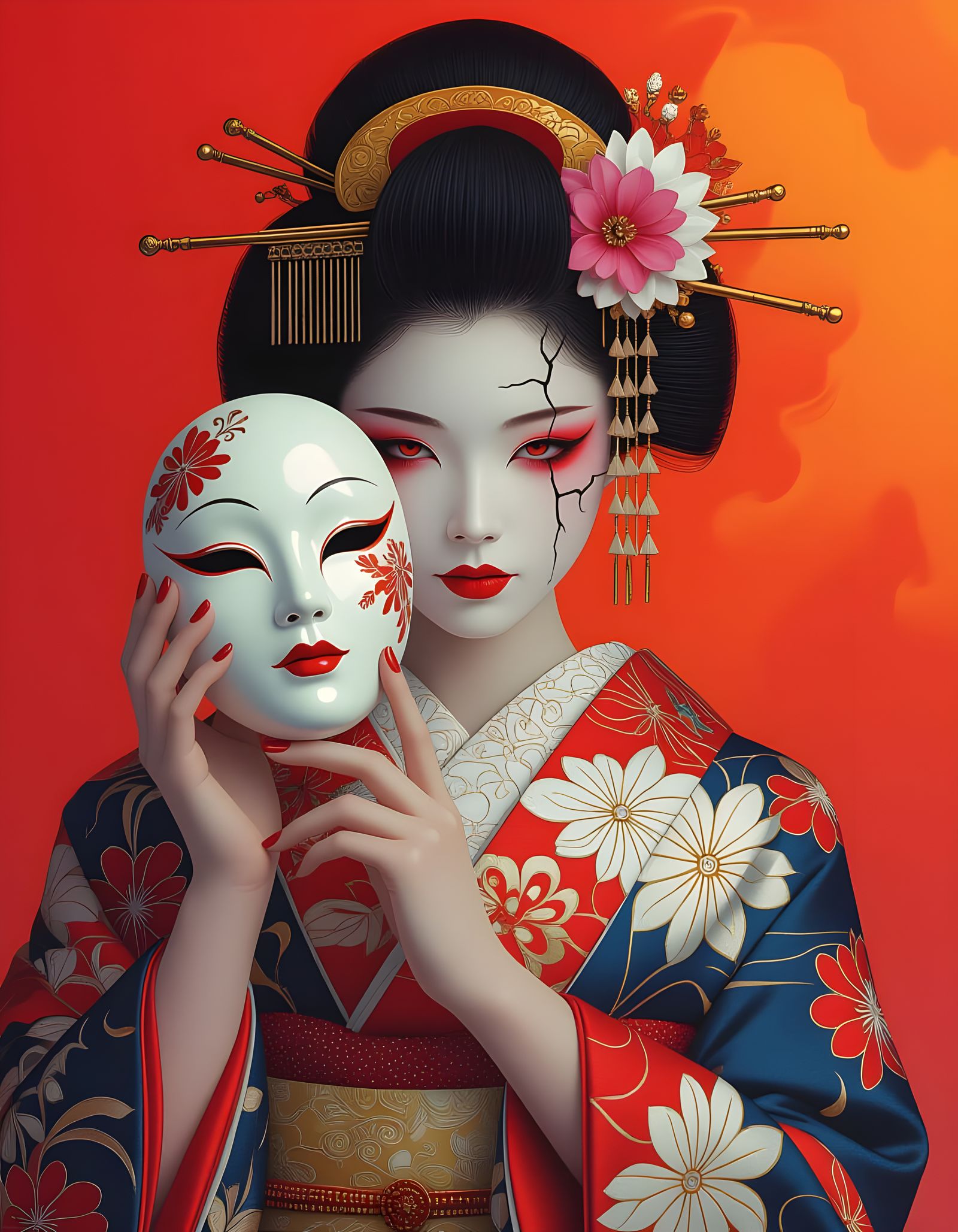 Mysterious Geisha with Cracked Mask in Hyper-Realistic Style