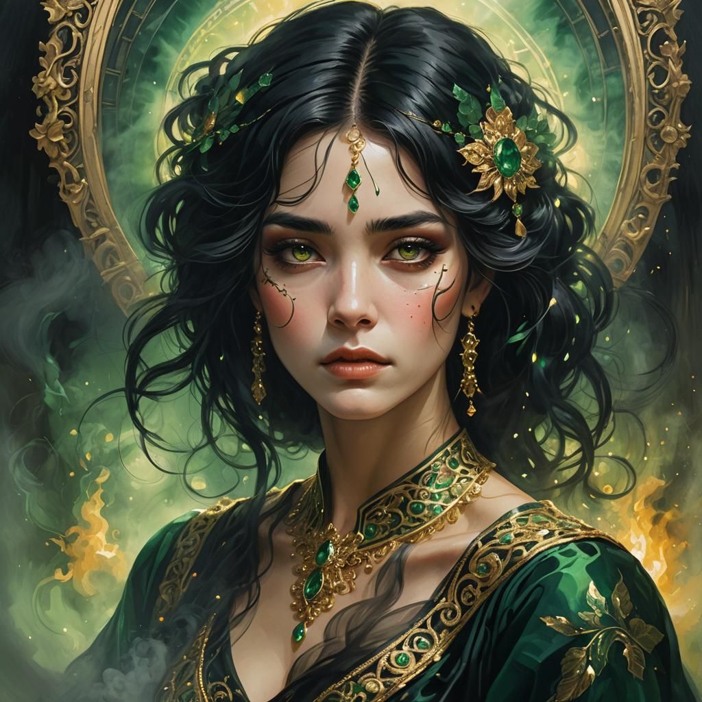 Elegant Woman Emits Dark Smoke from Her Eyes in a Regal, Mys...