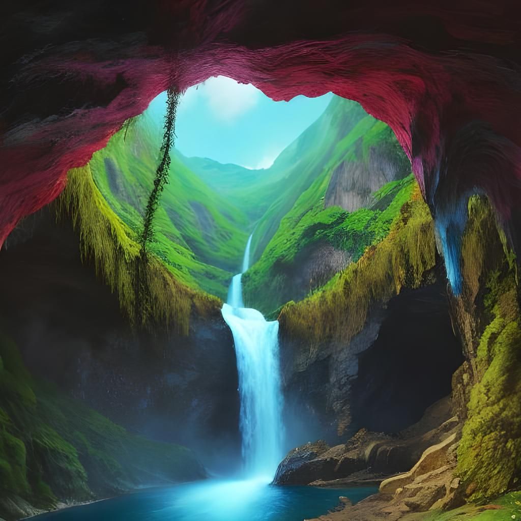 Vibrant Waterfall in a Tropical Mountain Cave