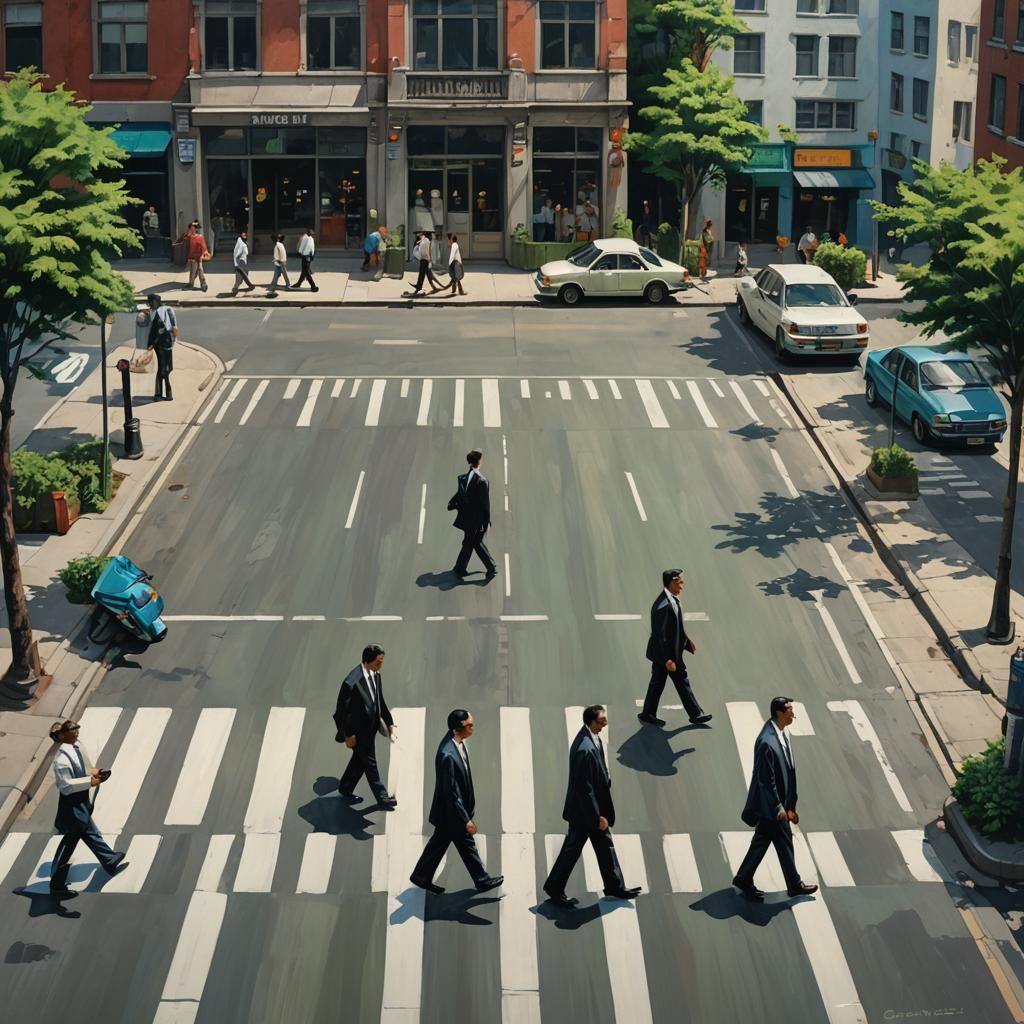 Four Men Walk in Unison Across a Vibrant City Street