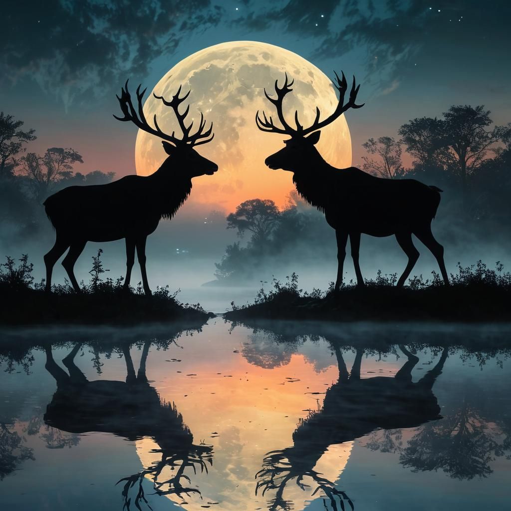 Majestic Stag Silhouettes Under the Full Moon