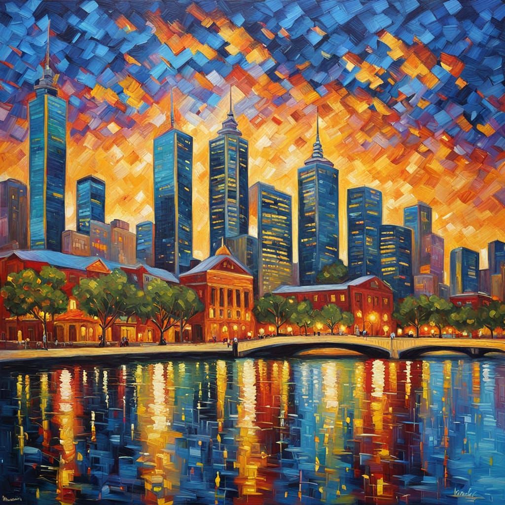 Melbourne Cityscape in Expressionist Oil Painting Style
