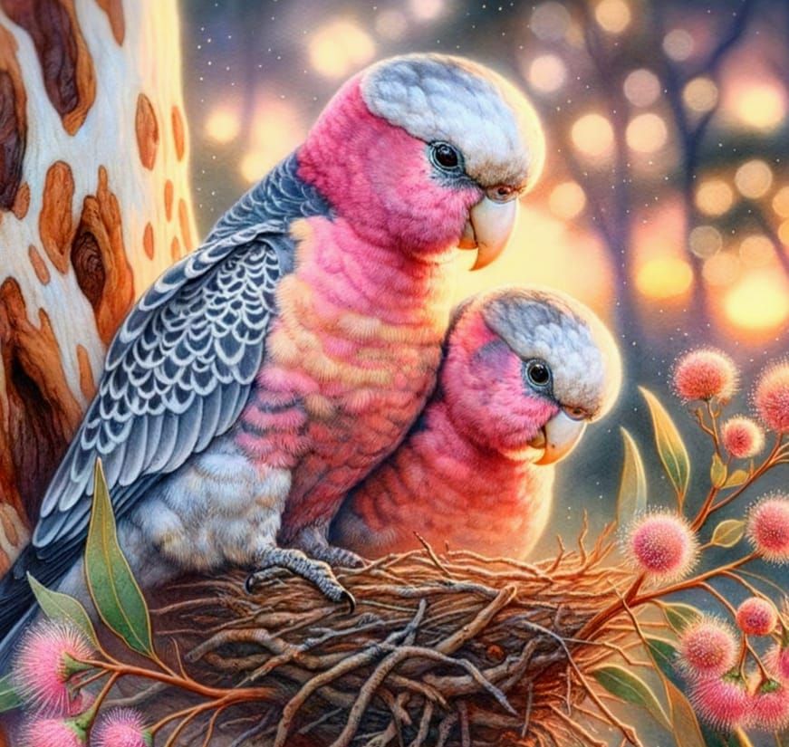 Galahs Feeding Nestlings with Gum Blossoms in Watercolor