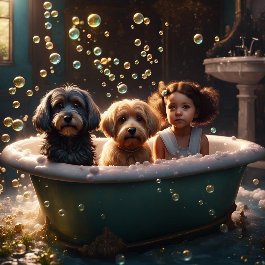 Whimsical Bath Time Scene in Vibrant Matte Painting Style