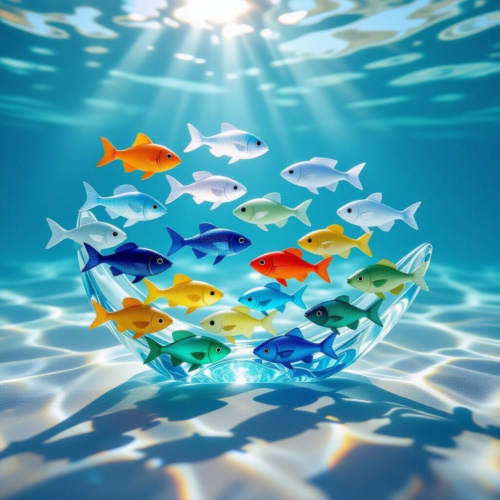 Sea Glass Sculpture of Fish in Sun-Dappled Water