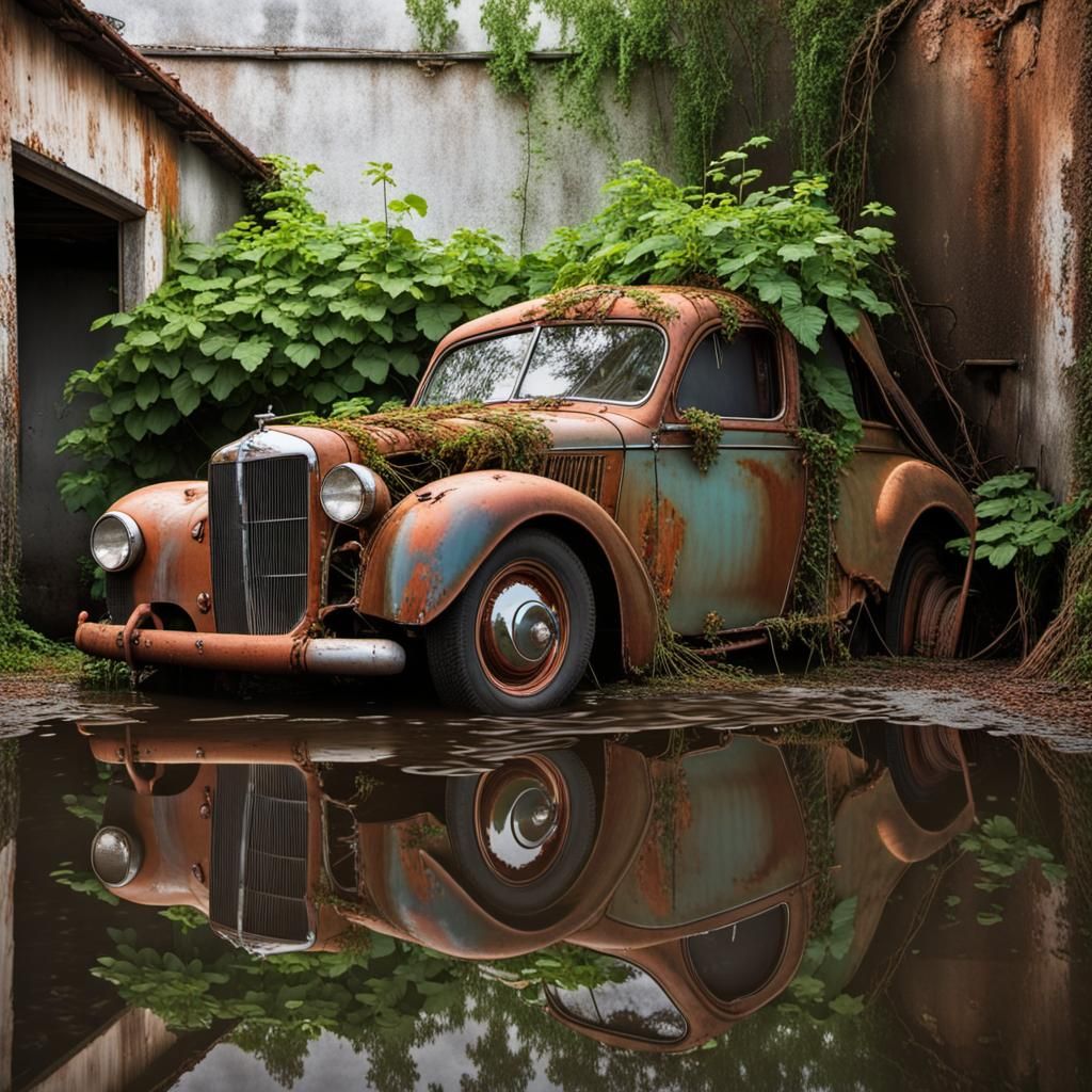 Nature's Patina: Vintage Car Reflection in Ruins