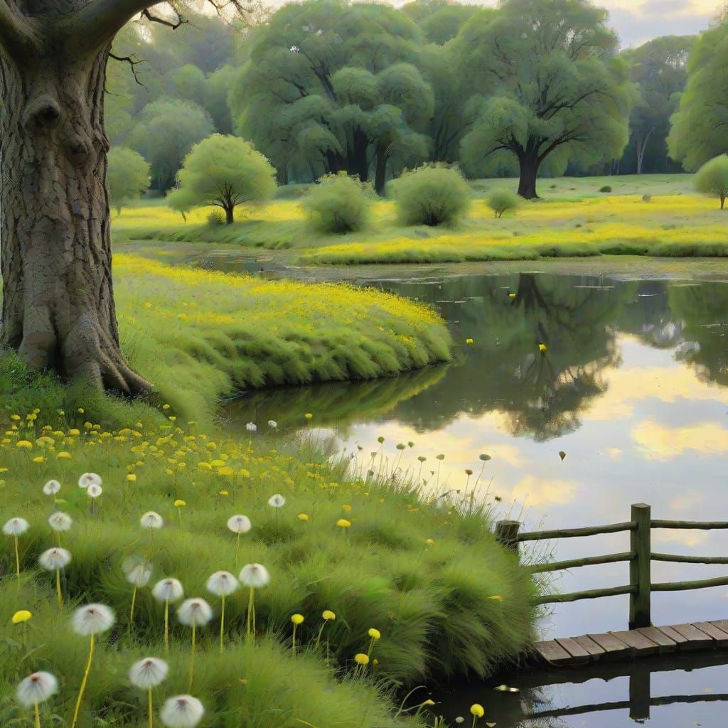 Vibrant Felt Landscape with Dandelions and Oak Trees