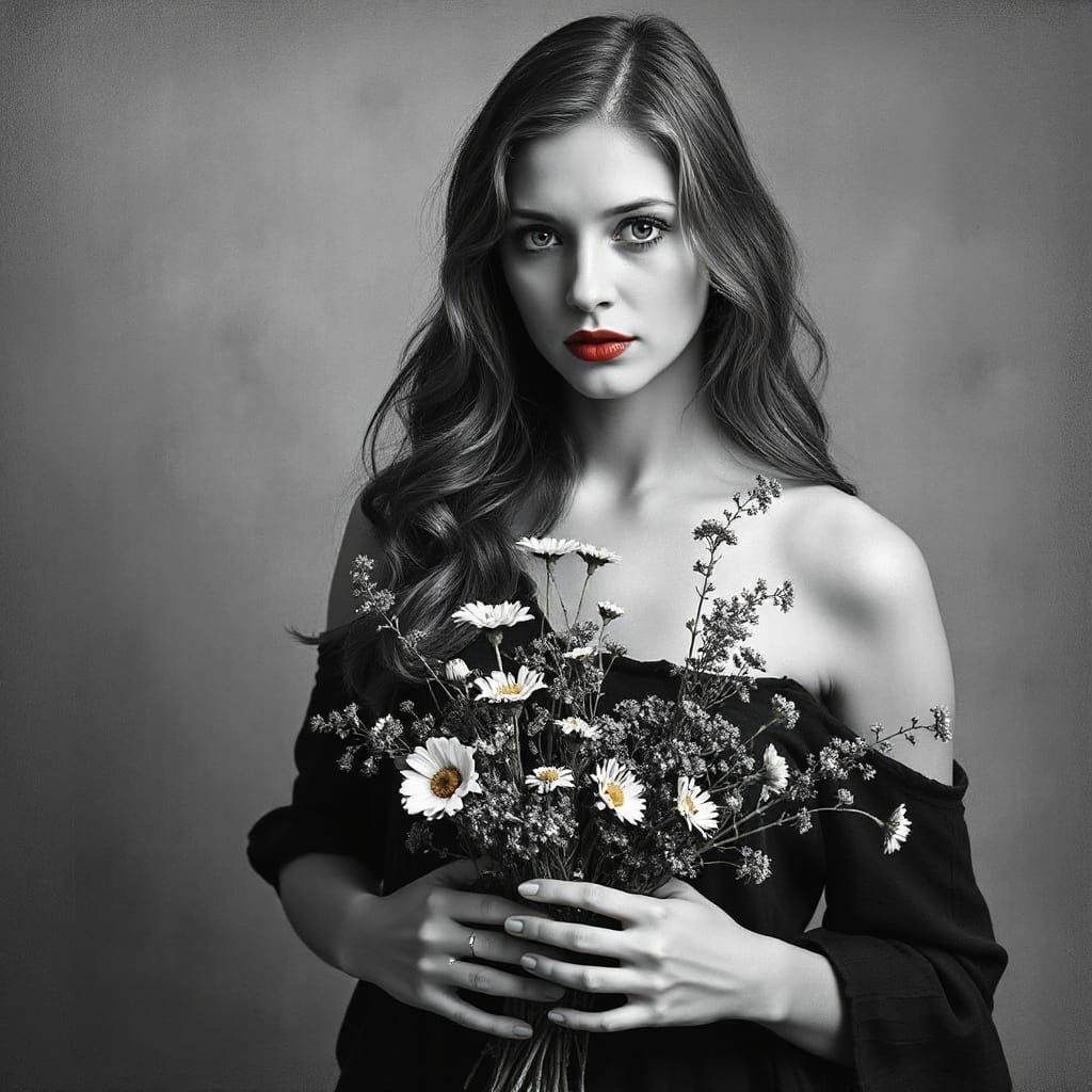 Woman with Red Lips in Black and White, Waterhouse Style