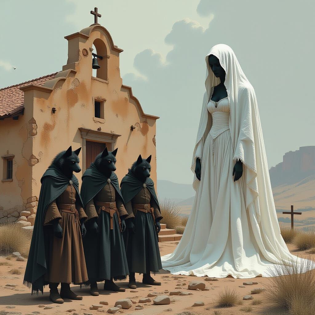 Werewolves and Ghost Behind Old Adobe Church